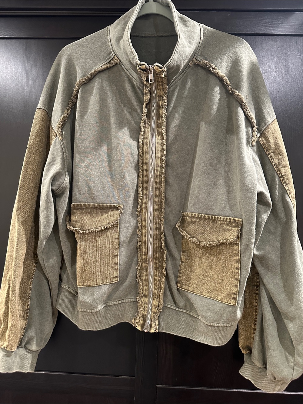 Women's Washed Olive Bomber Jacket with Contrast Pockets